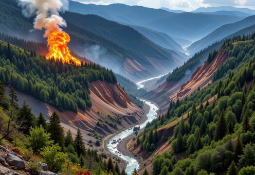 explosions triggering landslides, destabilizing hillsides, sediment choking streams, forests uprooted, long term landscape changes visible, environmental recovery slow and difficult