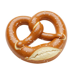 Freshly baked german pretzel, golden-brown with glossy crust, coarse salt, and soft dough visible, intricate knot shape, isolated on a transparent background with soft, diffuse lighting, slightly