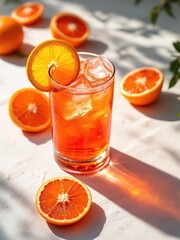 A refreshing orange drink with ice in a glass surrounded by orange slices on a light surface