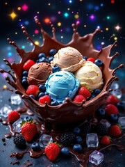 A chocolate bowl filled with ice cream scoops and fresh berries against a dark background