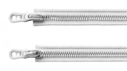 Two white zippers with fabric backing and pull tabs, isolated on a transparent background
