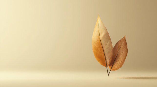 Golden leaves with on beige background autumnal feel minimalist design website banner.