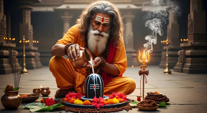 Hindu Sadhu performing Shiva Lingam puja, offering milk with incense smoke. Spiritual ritual, devotion, Hinduism, India.