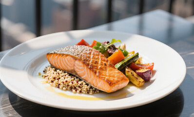 Elegant Plate of Seared Salmon with Quinoa and Roasted Vegetables, Styled in a Rooftop Fine Dining Setting, Gourmet Food Photography