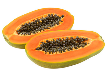 Two halves of fresh ripe papaya with visible seeds isolated on white or transparent background. PNG format.