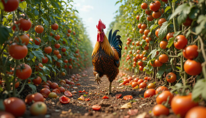 Majestic Rooster Standing in a Lush Tomato Field with Ripe Red Fruits, Rural Farm Life