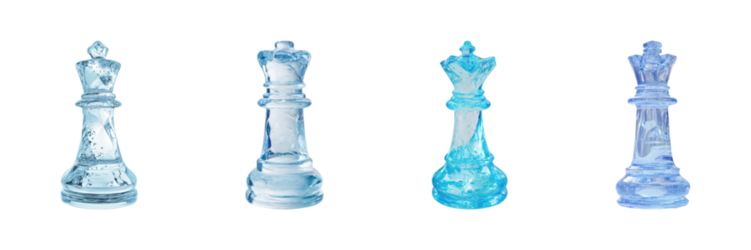 Glass Chess King Pieces Set. Elegant Strategy And Game Design Collection Isolated On Transparent Background