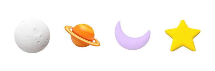 Obraz premium 3D Celestial Objects Set. Space Exploration And Astronomy Icons Collection Isolated On Transparent Background