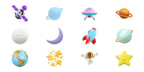 Space-Themed Cartoon Icons Set. Cosmic Exploration And Adventure Collection Isolated On Transparent Background