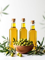 Still life of olive oil bottles with olives in a bowl and olive branches on a white background