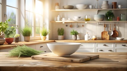 Photo of a bright and airy kitchen with sunlight streaming through the window, featuring a white bowl and fresh herbs on a wooden counter