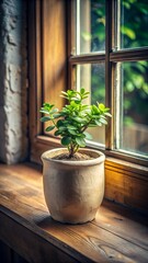 Photo of a small green potted plant with lush leaves sits on a wooden windowsill, with natural light filtering through the window