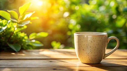 Photo of a speckled ceramic mug filled with a warm beverage sits on a wooden table outdoors, bathed in golden morning sunlight with green foliage