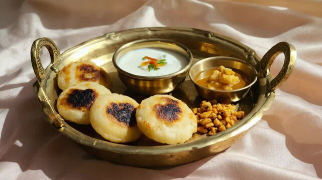 Delightful Indian snack plate featuring fried breads and savory dips