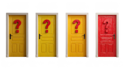 Four doors, three yellow and one red, each with a red question mark, isolated on a transparent background