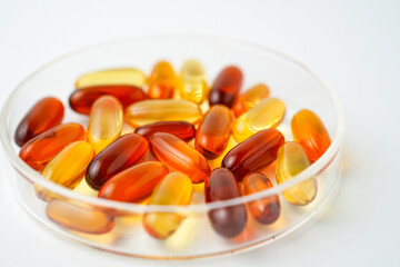 Vitamins capsules, fish oil, soft gels, supplements, omega 3, omega 9, vitamin D, vitamin E