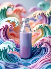 A bottle of purple liquid surrounded by colorful paper waves in a stylized composition style image