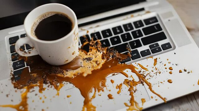 Spilled coffee cup creating mess on laptop keyboard
