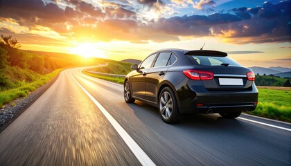 Fototapeta premium Black car on scenic road at sunset