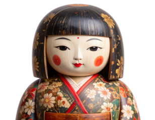 Close-Up of Vintage Kokeshi Doll with Worn Paint and Rustic Charm, Top View, Isolated on Transparent Background