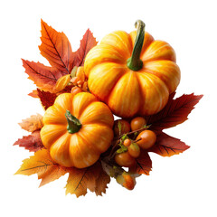 Colorful autumn decorations featuring pumpkins and leaves on a white background
