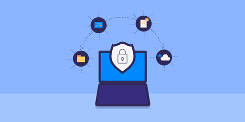 Shield and padlock on laptop screen represents digital protection, secure files and cloud data access.