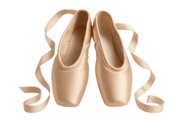Ballet pointe shoes with delicate satin ribbons, highlighting dancer's precision and artistry against pristine transparent backdrop