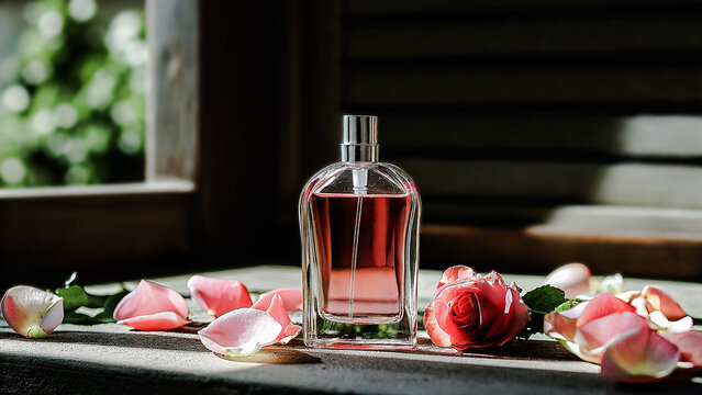 bottle of parfume with candle and rose petals