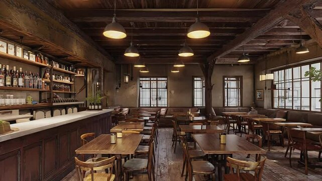 Empty rustic restaurant interior with wooden tables and chairs