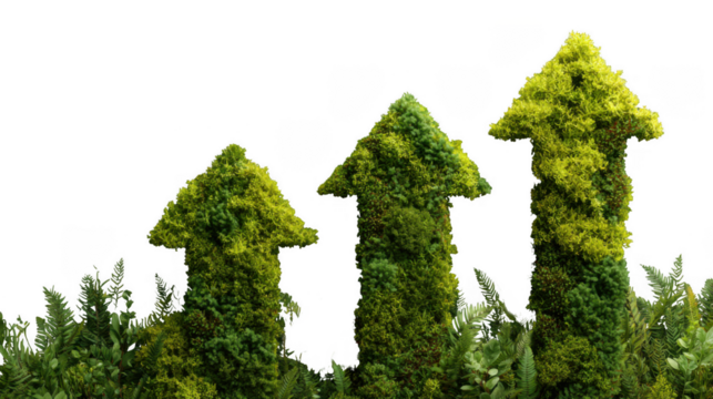 Three green arrows pointing upwards, made of plants, on a transparent background