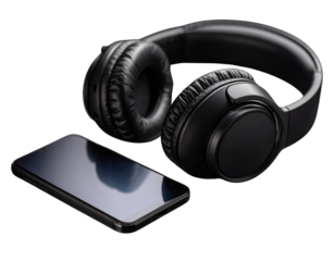 leek mobile phone display and plush black headphones, ideal for immersive personal a