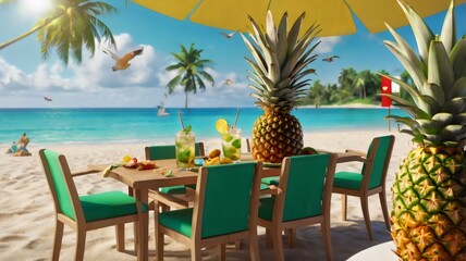 Fototapeta premium Tropical Beach Scene with Pineapple Mojitos – Refreshing Summer Cocktails, Exotic Vacation Vibes, Ocean Breeze, and Relaxing Coastal Drink Experience