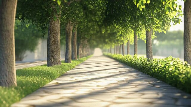 Stone paved path going through a tree lined avenue in a park