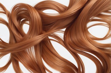 Wavy strands of auburn hair curl and intertwine against a white background