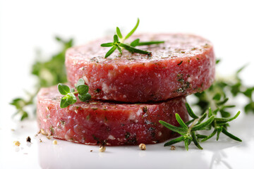Two raw burger patties with thyme and reosemary on white