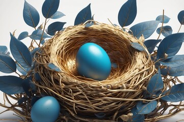 A gold bird's nest holds a single vibrant turquoise egg, nestled amongst twigs and teal leaves, with a second egg resting below