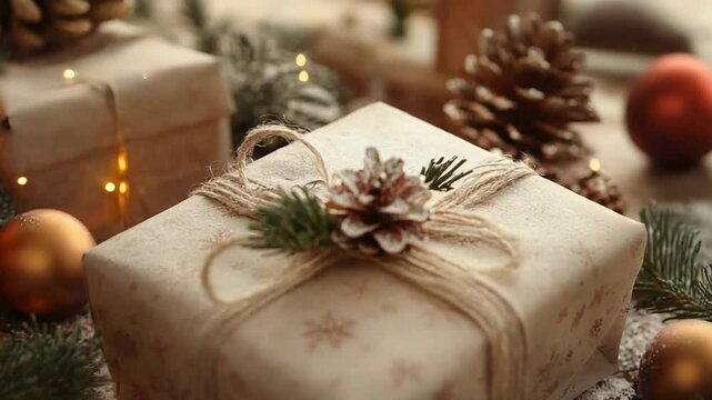 Christmas gift decorated with pine cone, snowflakes and string under falling snow