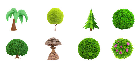 Stylized Tree And Bush Illustrations Set. Nature And Landscaping Design Collection Isolated On Transparent Background