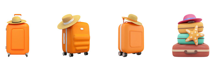 Orange Suitcases With Straw Hats Set. Summer Travel And Vacation Essentials Collection Isolated On Transparent Background