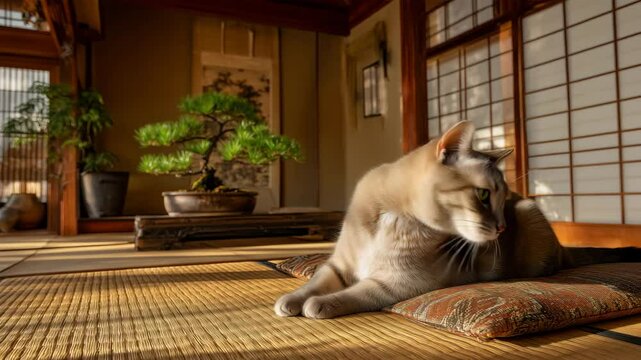 日本家屋の畳でゆったりとくつろぐ猫の一瞬