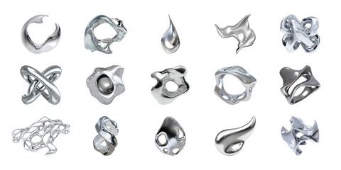 Abstract Metallic Sculptures Set. Modern Art And Design Elements Collection Isolated On Transparent Background