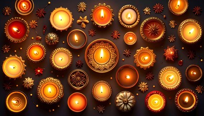 Diwali candle display, warm gold, dark background