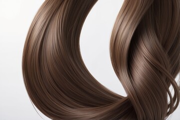 Lustrous brown hair strands curl elegantly against a clean, bright backdrop