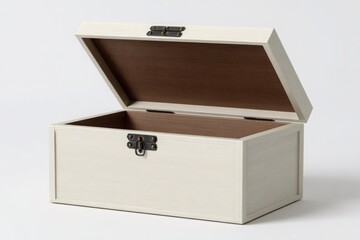 Open light wood treasure chest with dark interior and metal latch on a white background