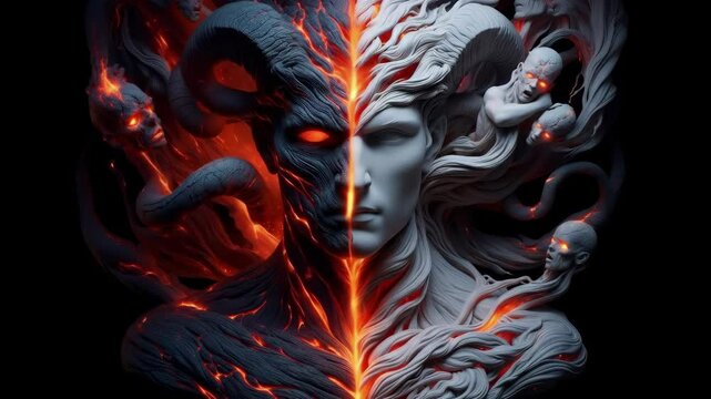 Dual Nature: Fire and Stone Sculpture - A captivating digital sculpture depicts two faces merged as one, one side a fiery demon, the other a serene angel.
