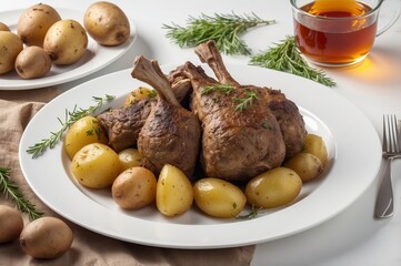 Elegant meat cutlets with new potatoes and rosemary on a white plate, tea in background