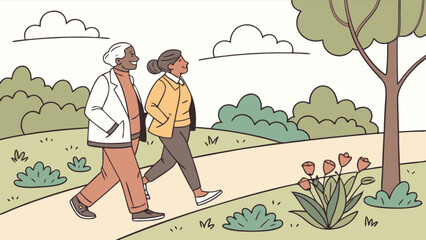 Two women enjoying a leisurely walk outdoors in nature for senior health and wellness program benefit