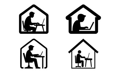 Remote Work from Home Silhouette Icon Pack. remote, work, home, laptop, house, office, job, worker, freelance, chair, table, computer, silhouette, interior, online, desk, keyboard, figure.