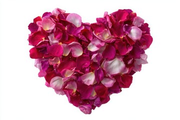 Obraz premium A heart shape formed from a beautiful arrangement of pink and red rose petals on a white background