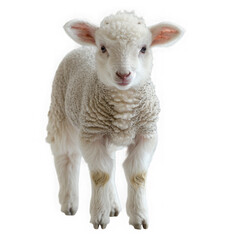 Fototapeta premium A cute fluffy white lamb standing and looking forward with big ears isolated on transparent background